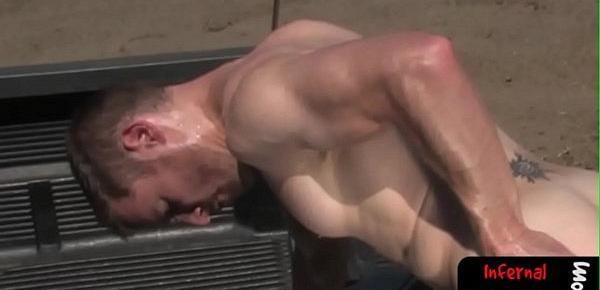  Submissive jock gets anally fisted outdoors
